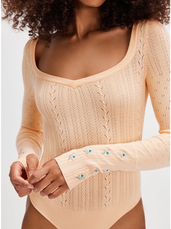 Free People Tops - Free People Such A Dreamer Cuff Bodysuit One Piece Long-Sleeve Pointelle Knit